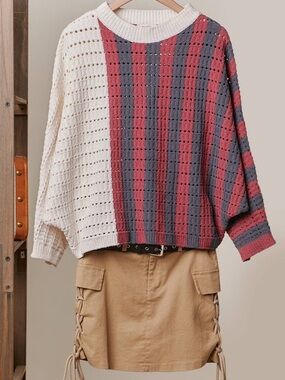 Striped Open-Knit Sweater in Ivory, Multi